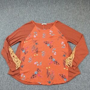 c'isa Vintage‎ Boho Floral Striped Crochet Lace Raglan Top Large Rust Orange